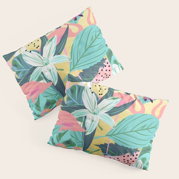 Flamingo Tropical, Colorful Modern Bohemian Eclectic Jungle Graphic Design, Blush Forest Gold Floral Pillow Sham