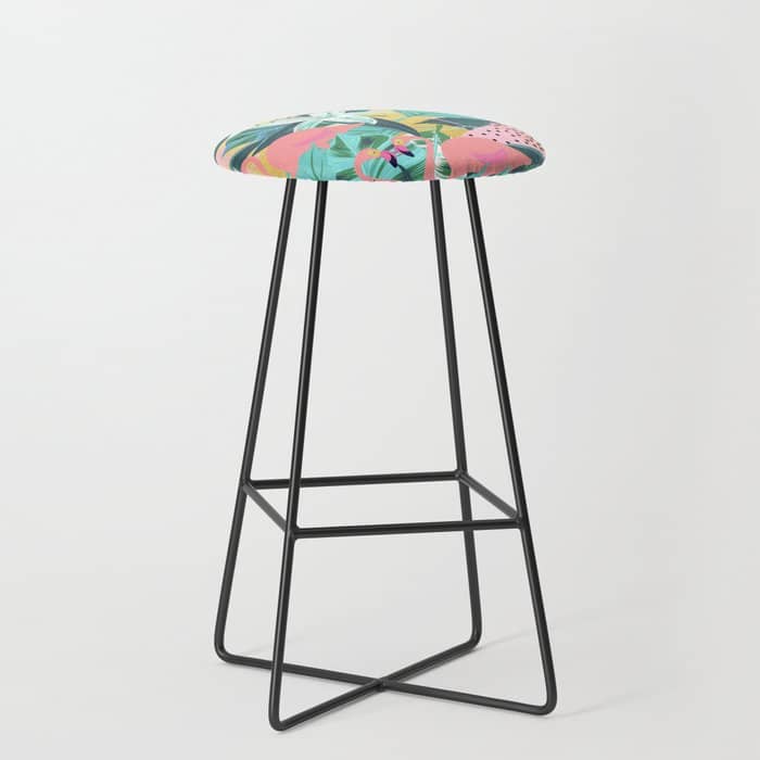 Flamingo Tropical, Colorful Modern Bohemian Eclectic Jungle Graphic Design, Blush Forest Gold Floral Stool