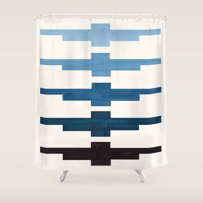 Mid Century Minimalist Ancient Aztec Inca Geometric Pattern Watercolor Blue Green Colorful Gouache P Shower Curtain