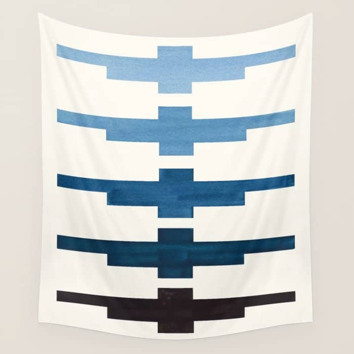 Mid Century Minimalist Ancient Aztec Inca Geometric Pattern Watercolor Blue Green Colorful Gouache P Wall Tapestry