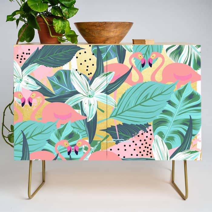 Flamingo Tropical, Colorful Modern Bohemian Eclectic Jungle Graphic Design, Blush Forest Gold Floral Credenza