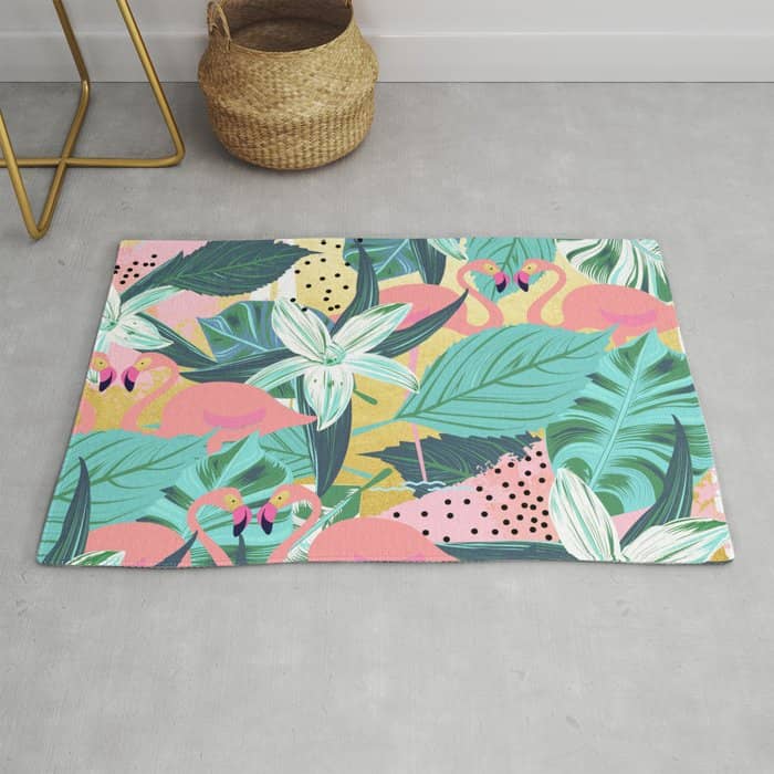 Flamingo Tropical, Colorful Modern Bohemian Eclectic Jungle Graphic Design, Blush Forest Gold Floral Rug
