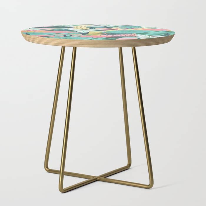 Flamingo Tropical, Colorful Modern Bohemian Eclectic Jungle Graphic Design, Blush Forest Gold Floral Side Table