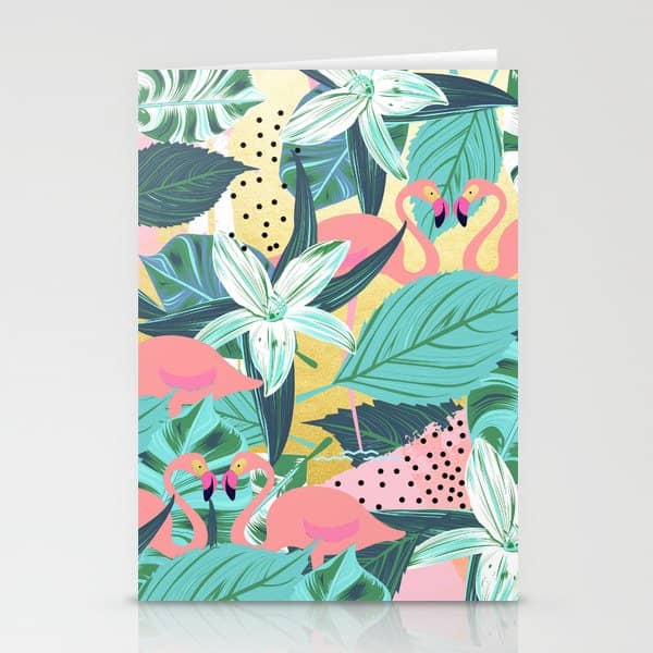 Flamingo Tropical, Colorful Modern Bohemian Eclectic Jungle Graphic Design, Blush Forest Gold Floral Stationery Card