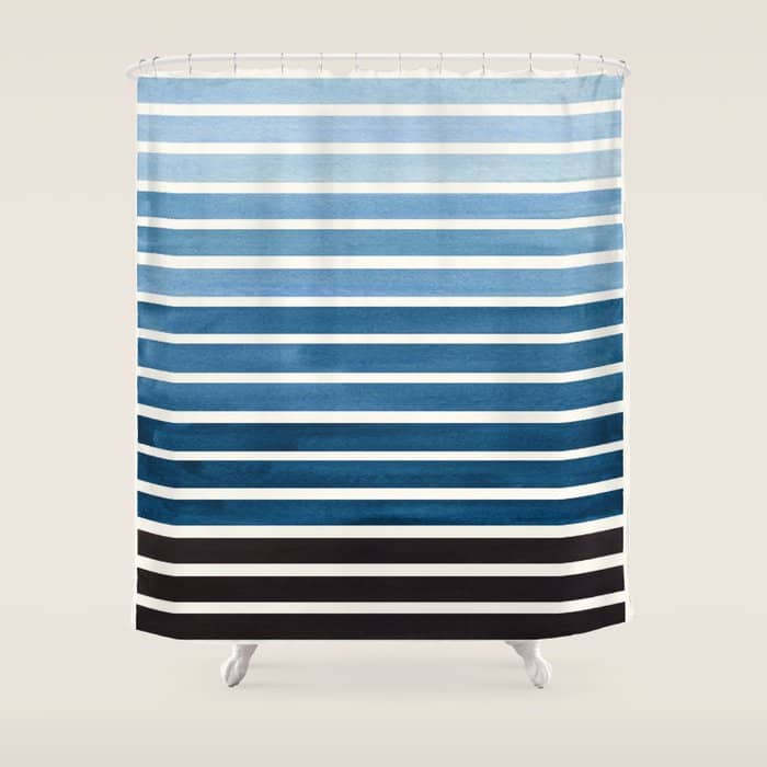 Watercolor Gouache Mid Century Modern Minimalist Colorful Green Blue Stripes Shower Curtain
