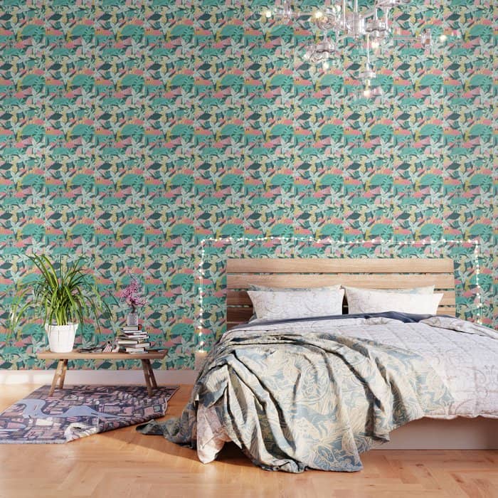 Flamingo Tropical, Colorful Modern Bohemian Eclectic Jungle Graphic Design, Blush Forest Gold Floral Wallpaper