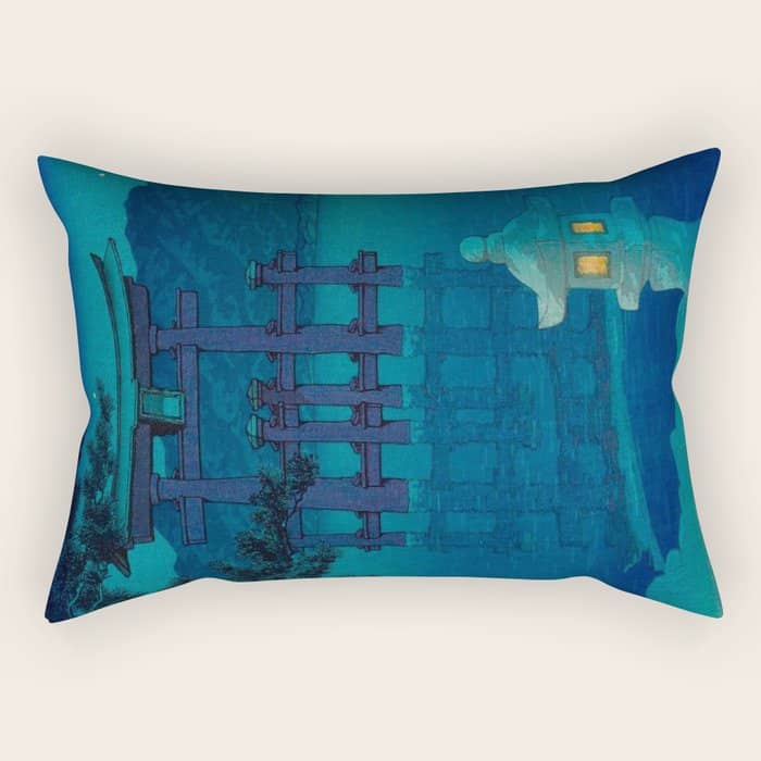 Japanese Woodblock Print Torii In The Lake During Night Blue Monochromatic Rectangular Pillow