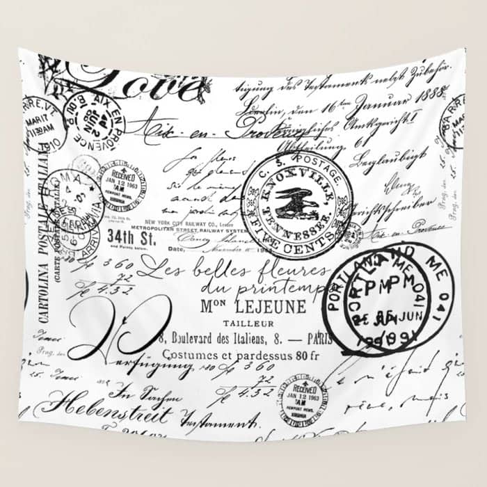 Vintage Handwriting Black And White Wall Tapestry