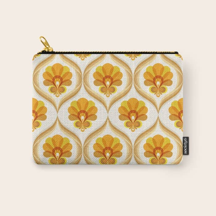 Ivory, Orange, Yellow And Brown Floral Retro Vintage Pattern Carry All Pouch