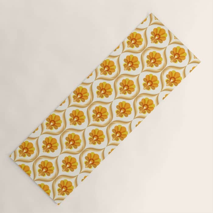 Ivory, Orange, Yellow And Brown Floral Retro Vintage Pattern Yoga Mat
