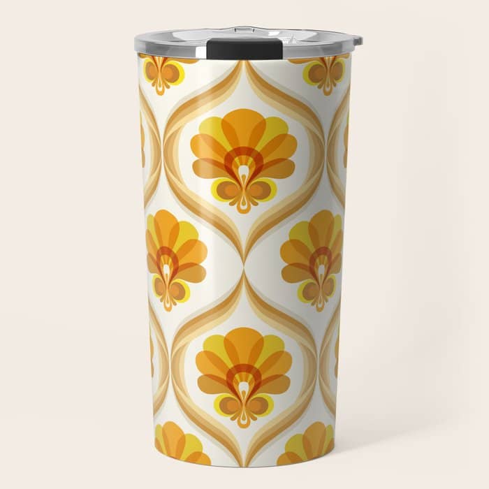 Ivory, Orange, Yellow And Brown Floral Retro Vintage Pattern Travel Mug