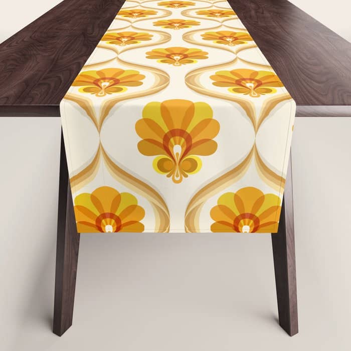 Ivory, Orange, Yellow And Brown Floral Retro Vintage Pattern Table Runner