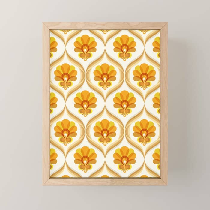 Ivory, Orange, Yellow And Brown Floral Retro Vintage Pattern Mini Art Print
