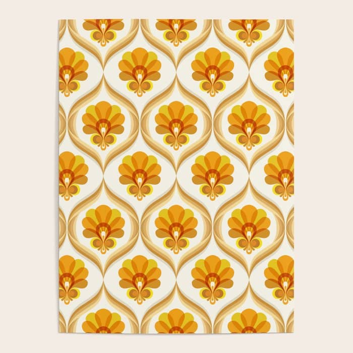 Ivory, Orange, Yellow And Brown Floral Retro Vintage Pattern Poster