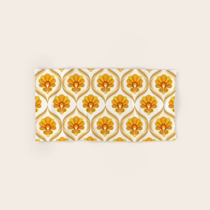 Ivory, Orange, Yellow And Brown Floral Retro Vintage Pattern Bath Towel
