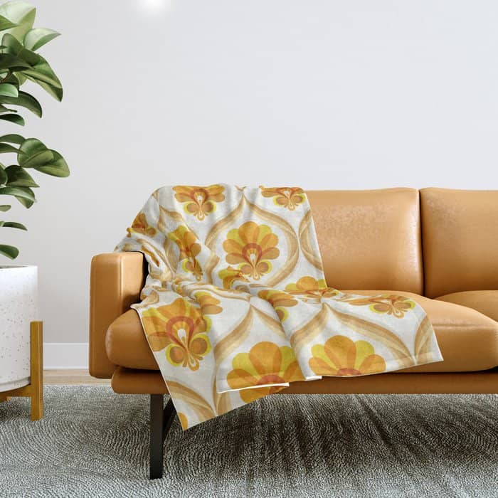 Ivory, Orange, Yellow And Brown Floral Retro Vintage Pattern Throw Blanket