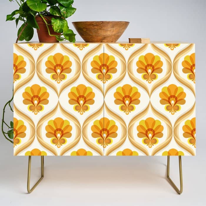 Ivory, Orange, Yellow And Brown Floral Retro Vintage Pattern Credenza