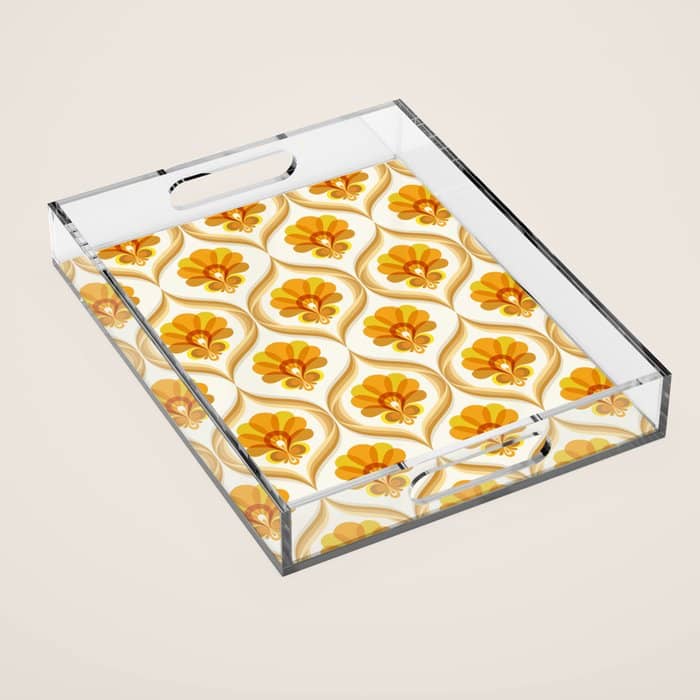 Ivory, Orange, Yellow And Brown Floral Retro Vintage Pattern Acrylic Tray