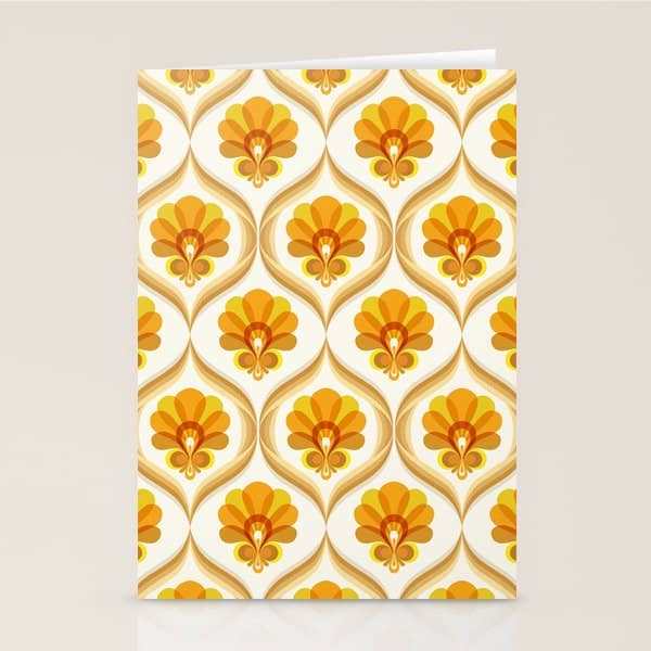 Ivory, Orange, Yellow And Brown Floral Retro Vintage Pattern Stationery Card