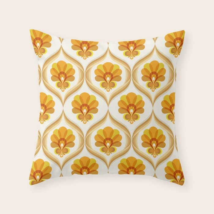 Ivory, Orange, Yellow And Brown Floral Retro Vintage Pattern Throw Pillow