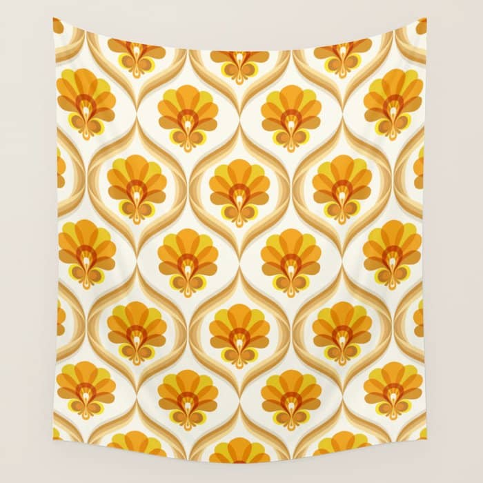 Ivory, Orange, Yellow And Brown Floral Retro Vintage Pattern Wall Tapestry