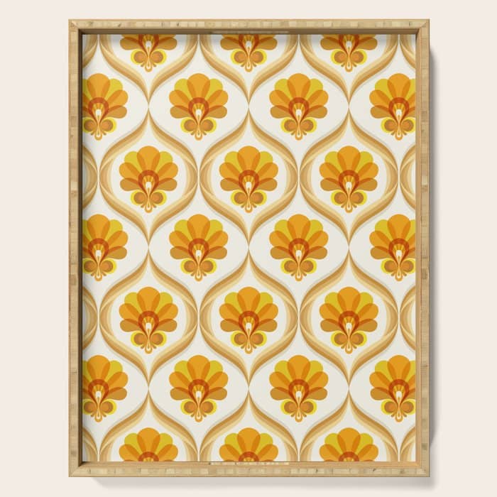 Ivory, Orange, Yellow And Brown Floral Retro Vintage Pattern Serving Tray