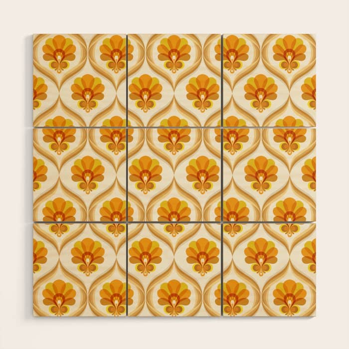 Ivory, Orange, Yellow And Brown Floral Retro Vintage Pattern Wood Wall Art
