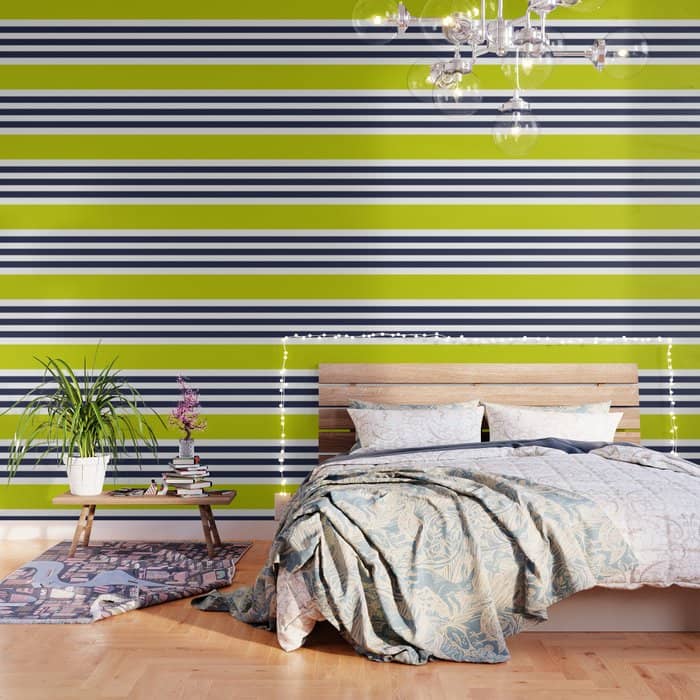 Modern Classy Navy Blue Lime Green Stripes Wallpaper
