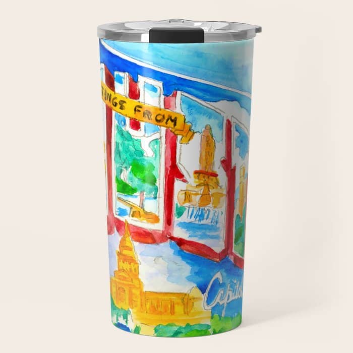 Greetings From Austin Mural Watercolor Travel Mug