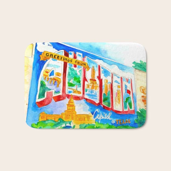 Greetings From Austin Mural Watercolor Bath Mat