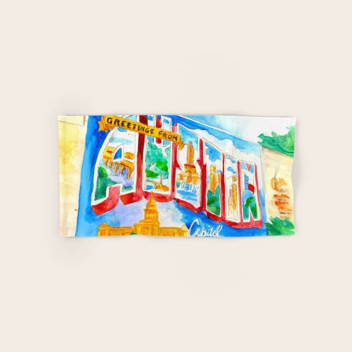 Greetings From Austin Mural Watercolor Bath Towel