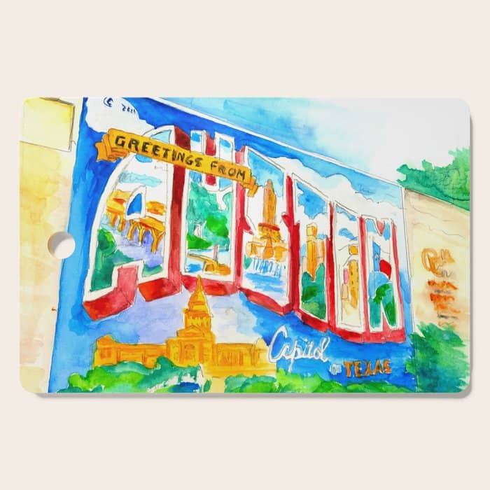 Greetings From Austin Mural Watercolor Cutting Board