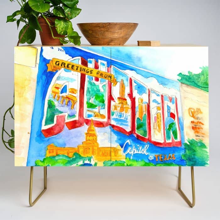 Greetings From Austin Mural Watercolor Credenza