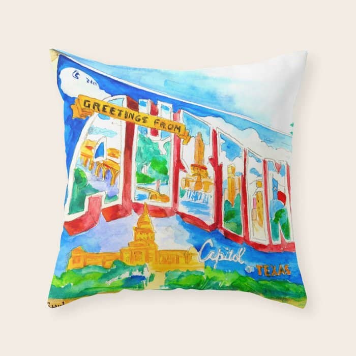 Greetings From Austin Mural Watercolor Throw Pillow
