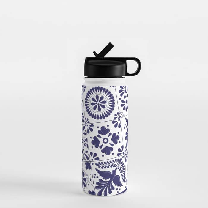 Mexican Talavera Blue Tiles Pattern By Akbaly Water Bottle