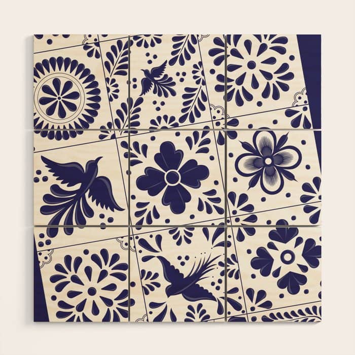 Mexican Talavera Blue Tiles Pattern By Akbaly Wood Wall Art