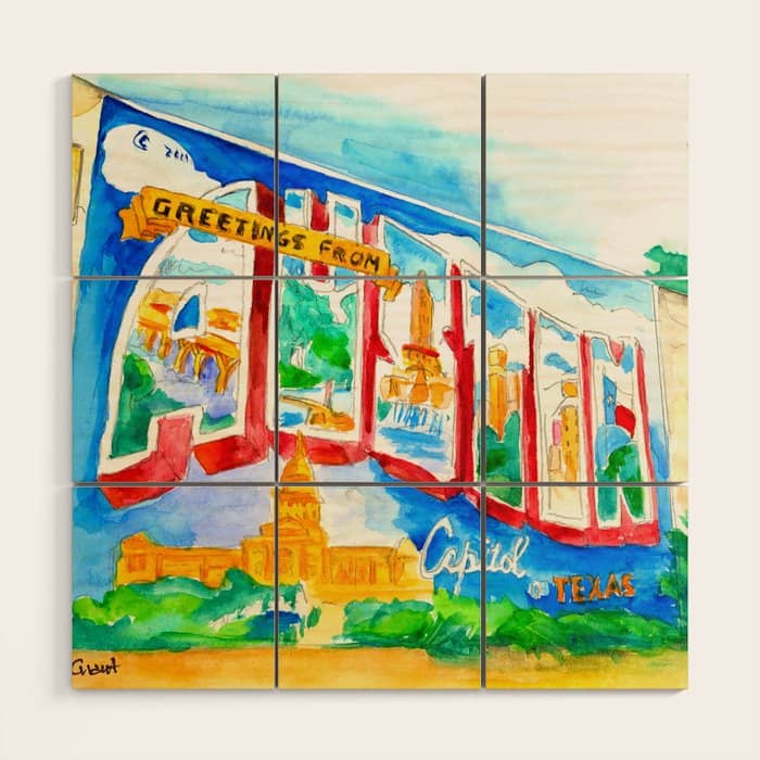 Greetings From Austin Mural Watercolor Wood Wall Art