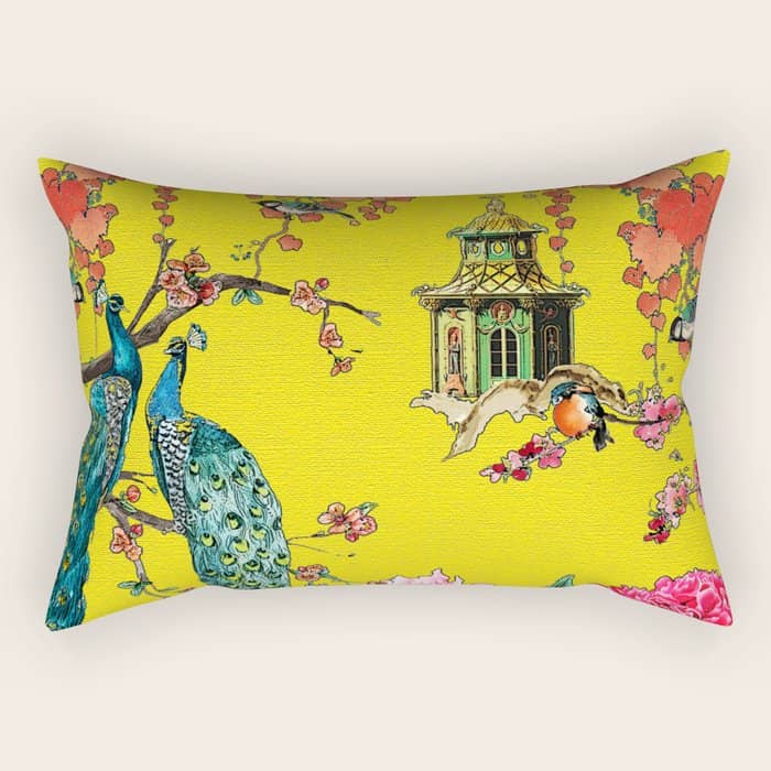 Vintage Oriental Peacocks, Peonies, Birds & Pagodas Print Rectangular Pillow
