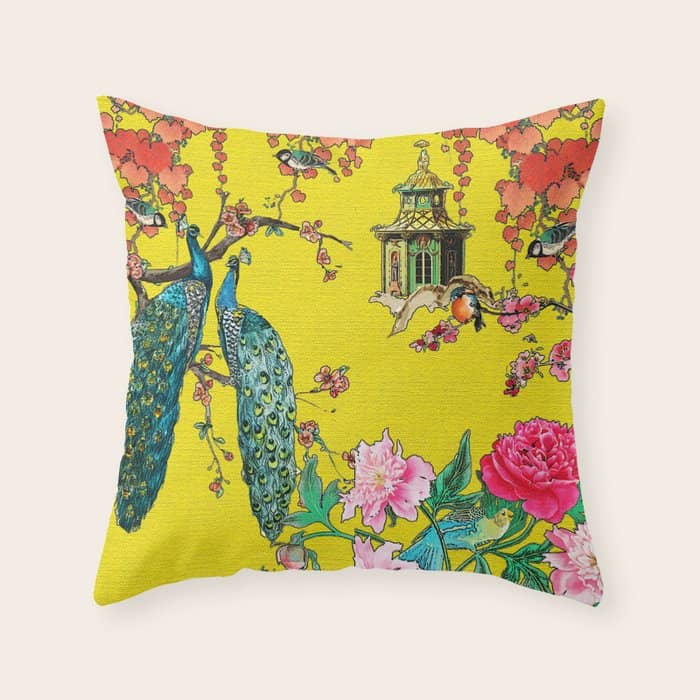 Vintage Oriental Peacocks, Peonies, Birds & Pagodas Print Throw Pillow