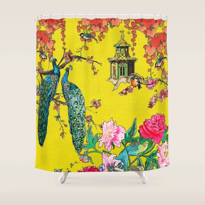 Vintage Oriental Peacocks, Peonies, Birds & Pagodas Print Shower Curtain
