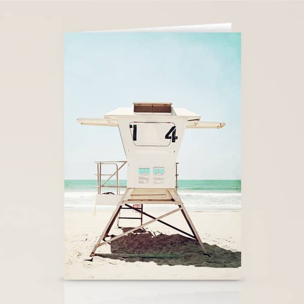 Lifeguard Stand, Beach Photography, San Diego California, Blue Aqua Seashore Ocean Summer Art Stationery Card