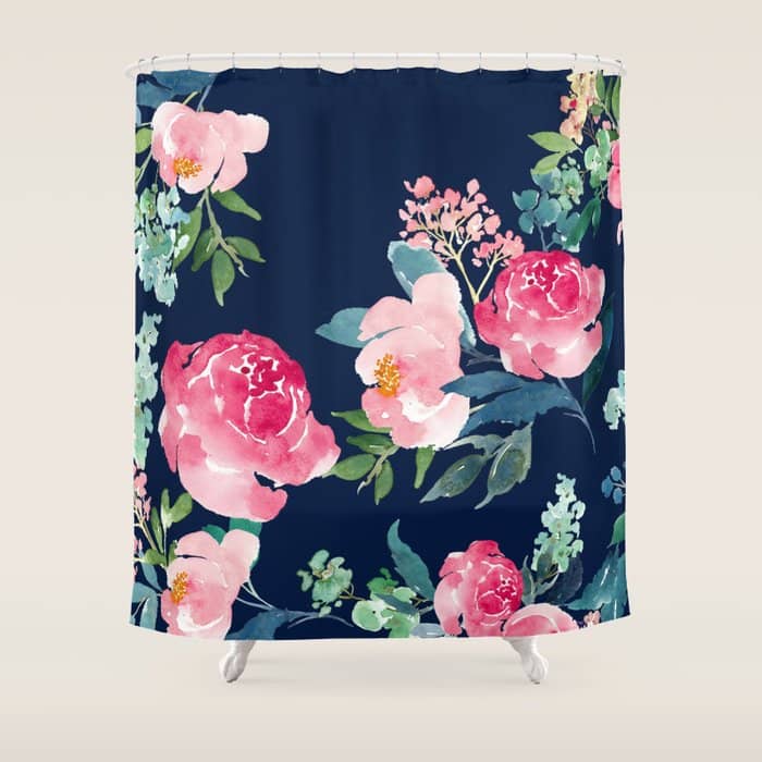 Navy And Pink Watercolor Peony Shower Curtain