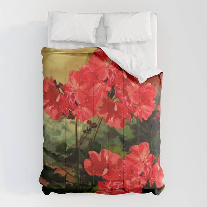 Decorative Red Geraniums  Floral Still Life Art Comforter
