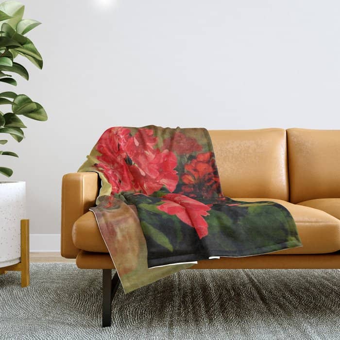 Decorative Red Geraniums  Floral Still Life Art Throw Blanket