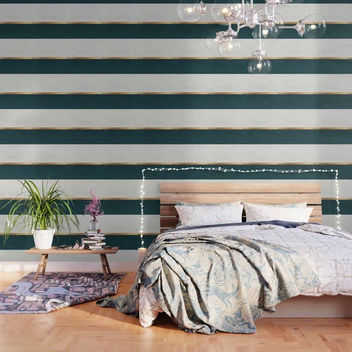 Deep Green, Gold And White Color Block Wallpaper