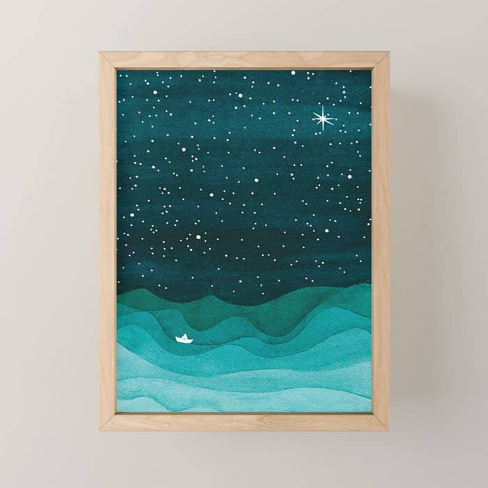 Starry Ocean, Teal Sailboat Watercolor Sea Waves Night Mini Art Print