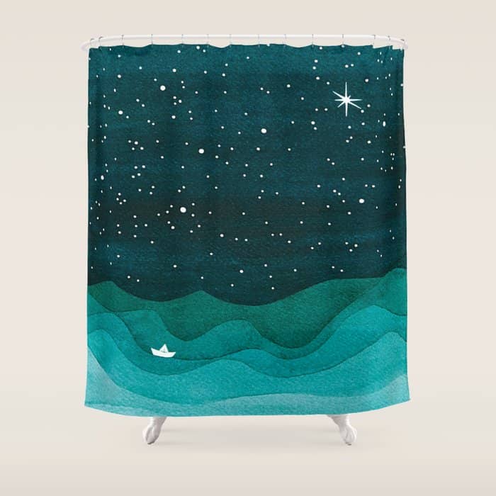 Starry Ocean, Teal Sailboat Watercolor Sea Waves Night Shower Curtain