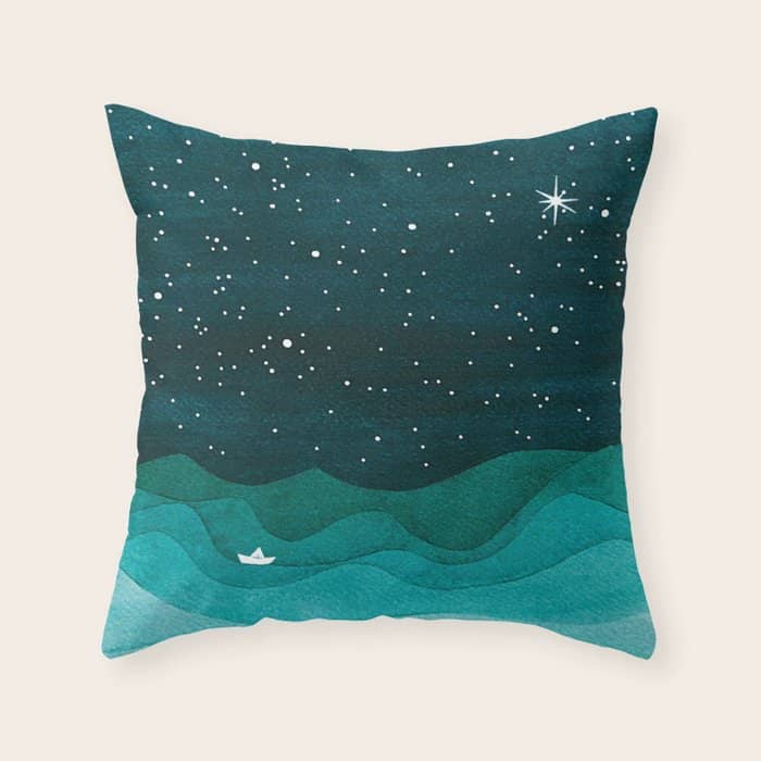 Starry Ocean, Teal Sailboat Watercolor Sea Waves Night Throw Pillow