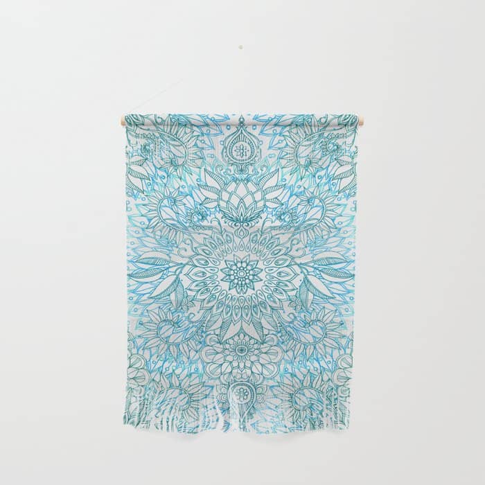 Turquoise Blue, Teal & White Protea Doodle Pattern Wall Hanging