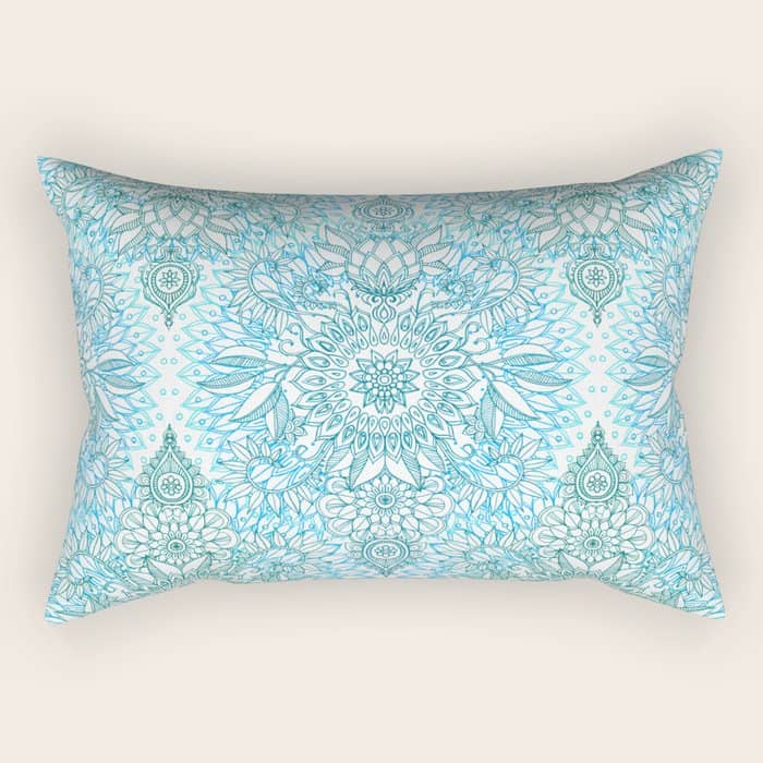 Turquoise Blue, Teal & White Protea Doodle Pattern Rectangular Pillow